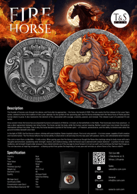 Silver coin with a horse design and text about 'Fire Horse' coin, featuring T&S logo.