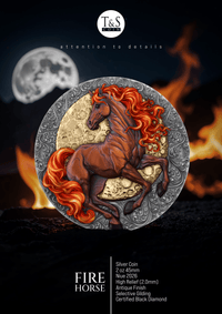 Decorative coin with a horse design on fire, featuring T&S logo and product details.