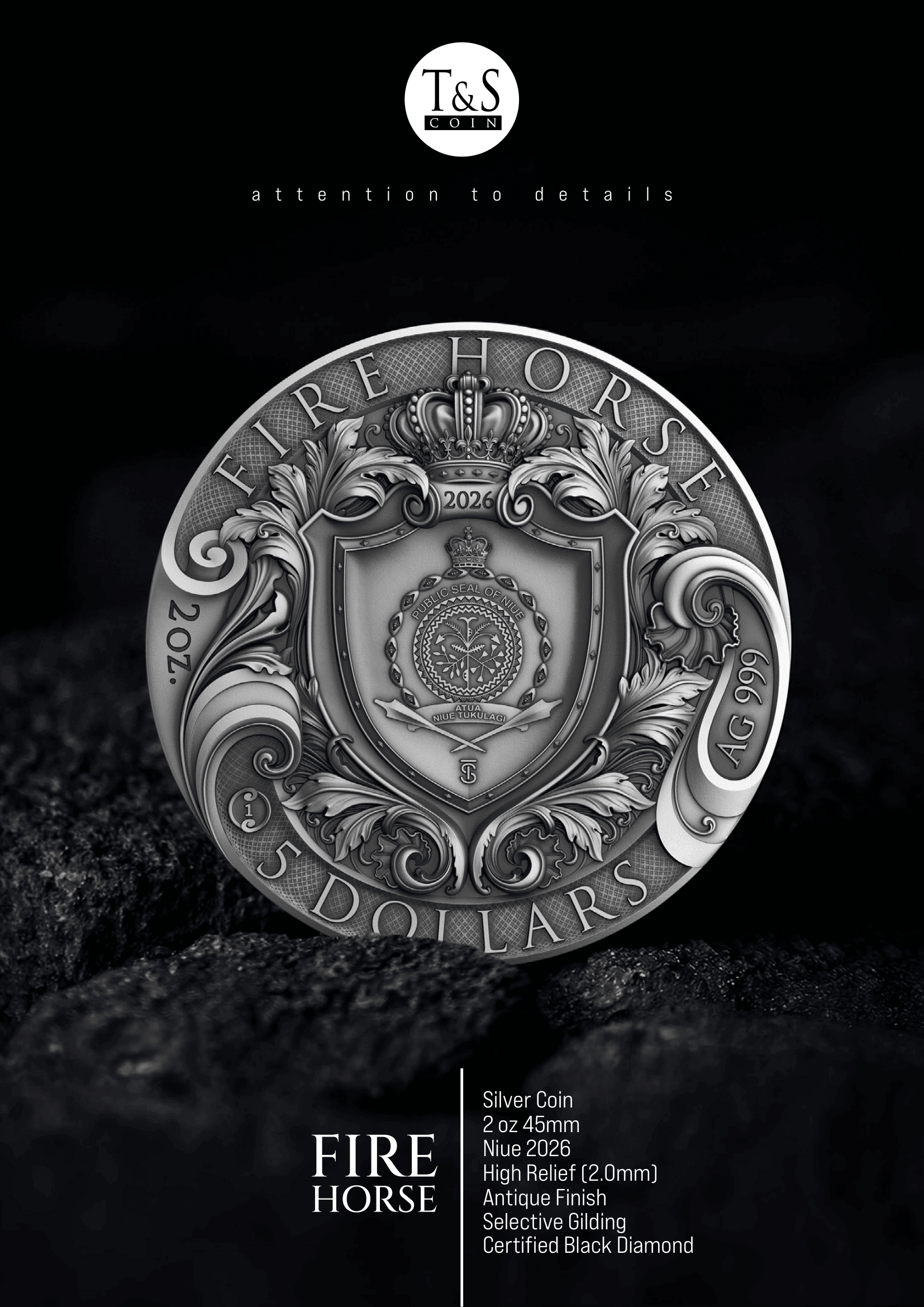 Silver coin with detailed design on a dark background, featuring 'T&S' branding.