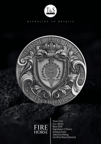 Silver coin with detailed design on a dark background, featuring 'T&S' branding.
