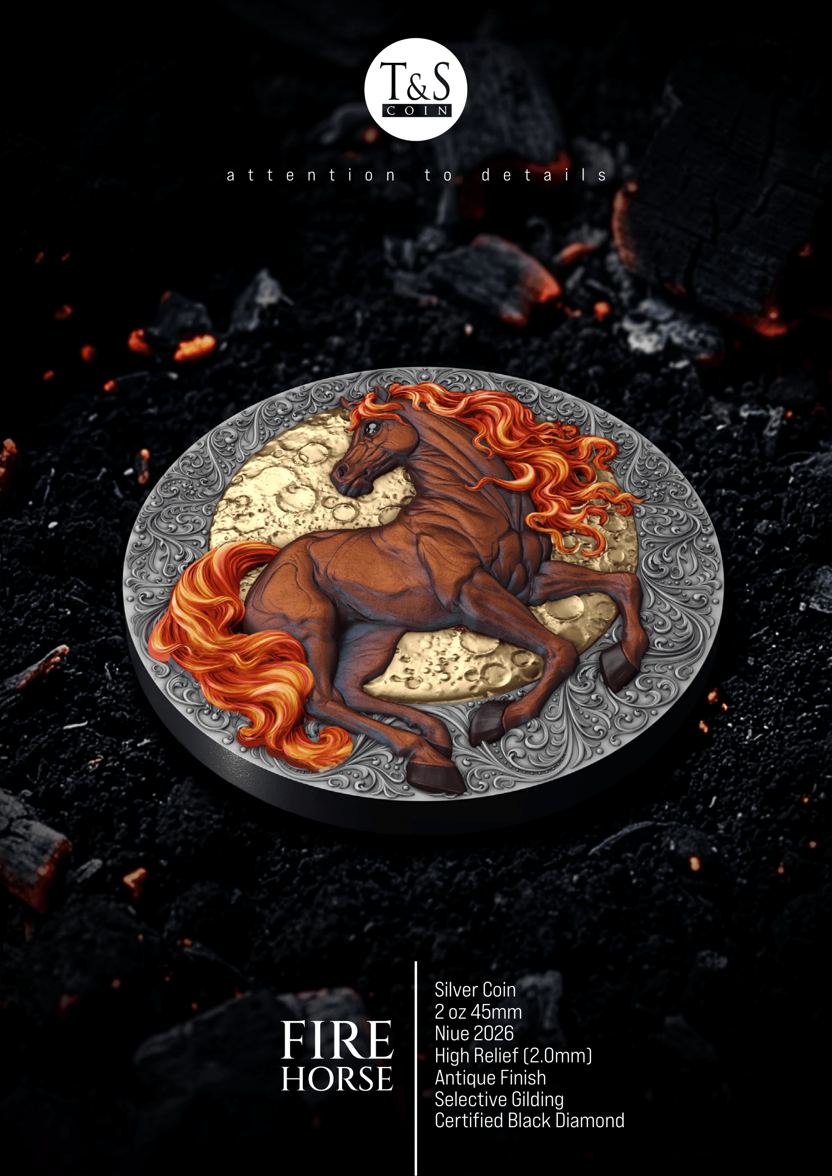 Silver coin with a design of a horse on fire against a dark background