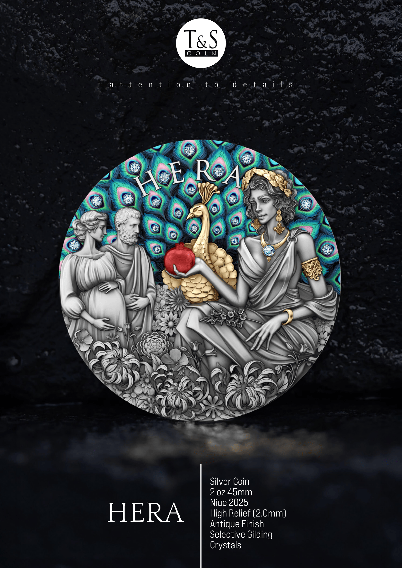 Silver coin featuring the design of Hera with detailed elements on a dark background