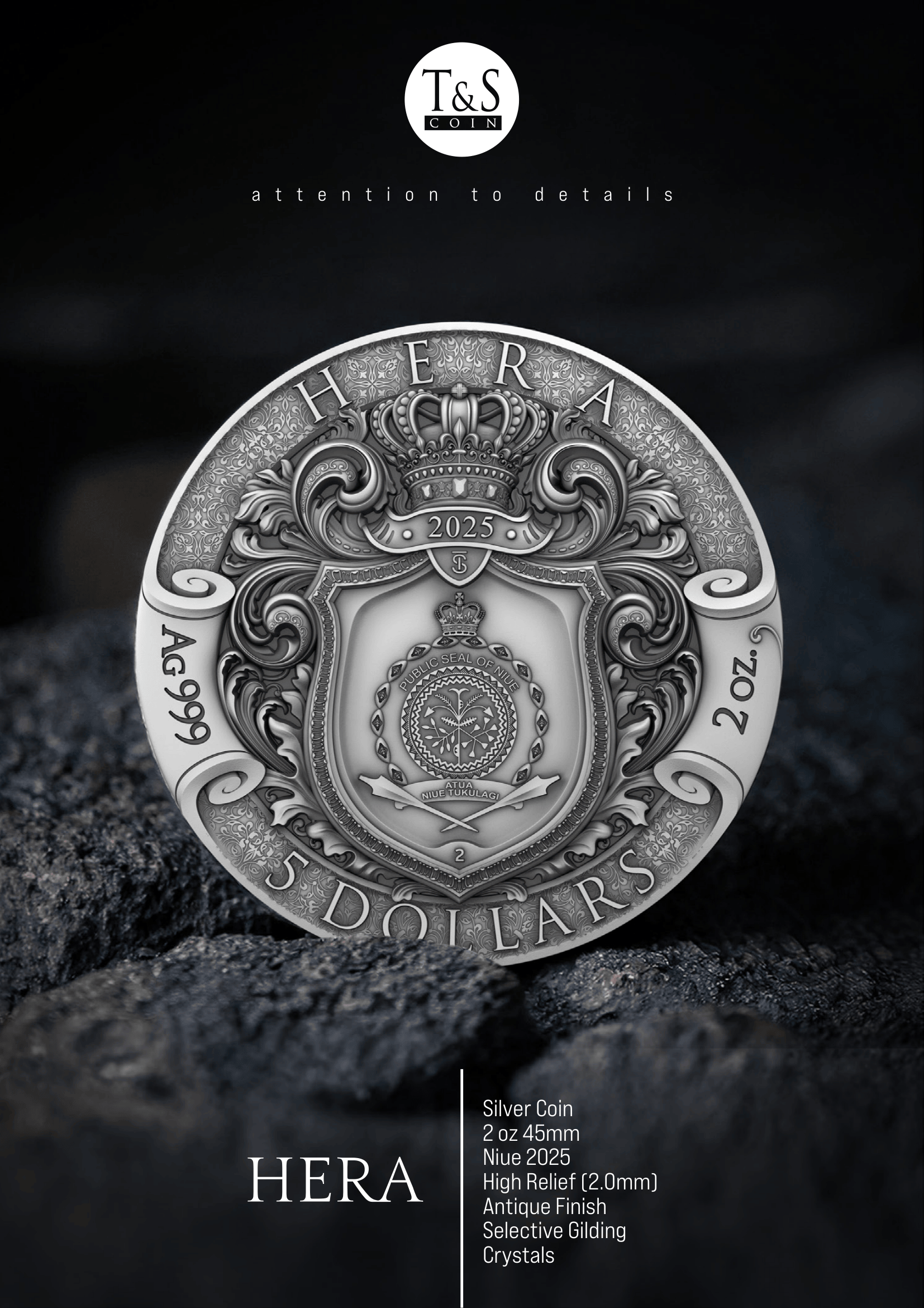Silver coin with detailed design on a dark background, featuring the brand 'T&S'.
