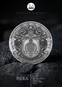 Silver coin with detailed design on a dark background, featuring the brand 'T&S'.