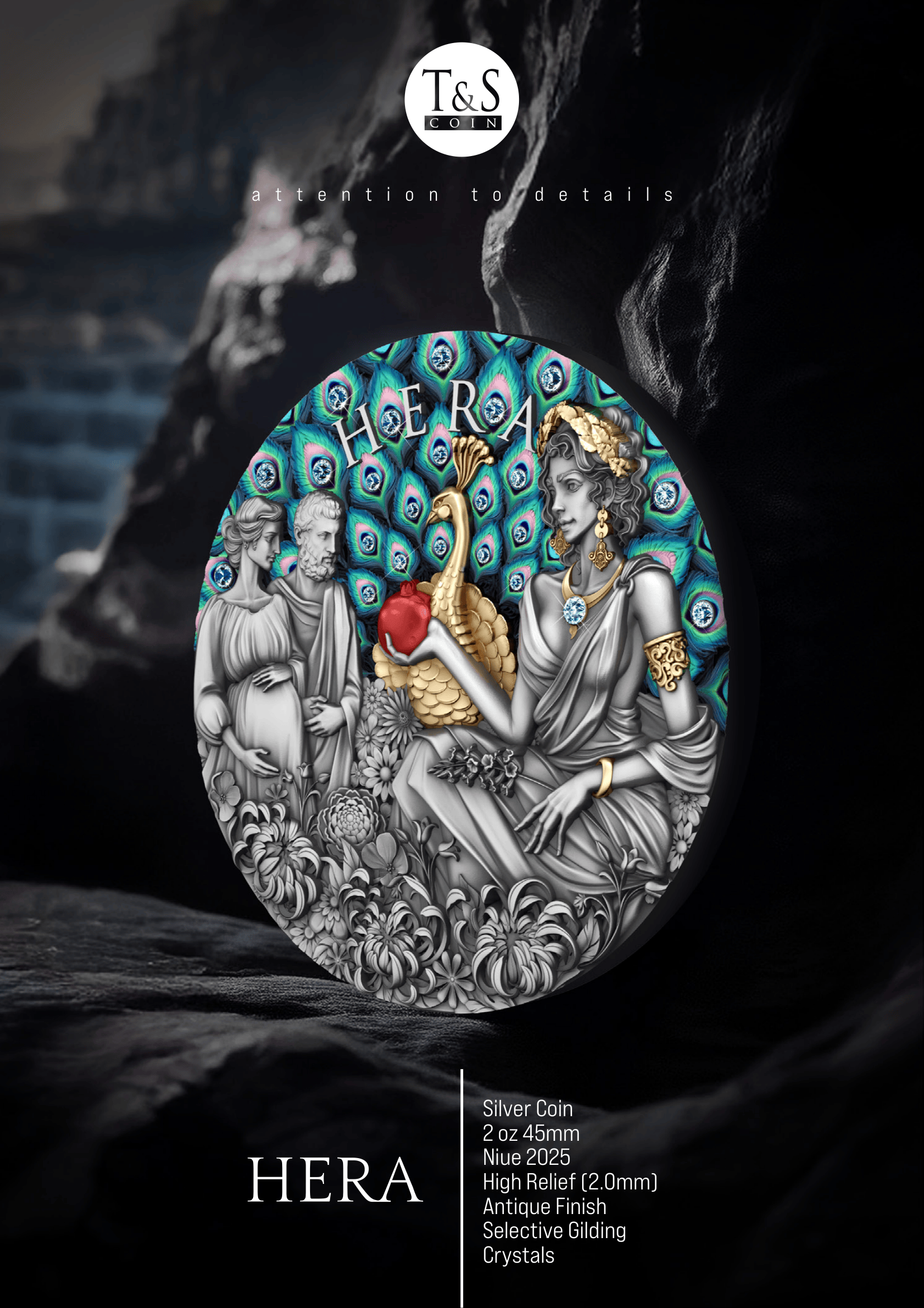 Decorative coin featuring a design of a woman with peacock feathers and children, set against a dark background.