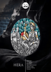 Decorative coin featuring a design of a woman with peacock feathers and children, set against a dark background.