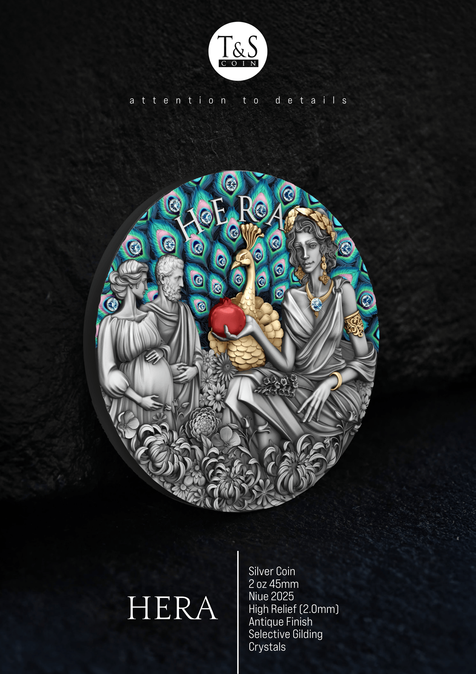 Decorative coin featuring the figure of Hera with peacock feathers on a dark background