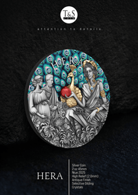 Decorative coin featuring the figure of Hera with peacock feathers on a dark background