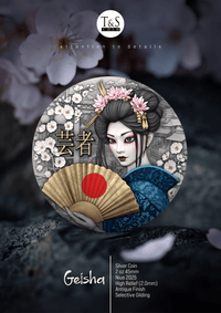 Geisha-themed silver coin with cherry blossoms in the background