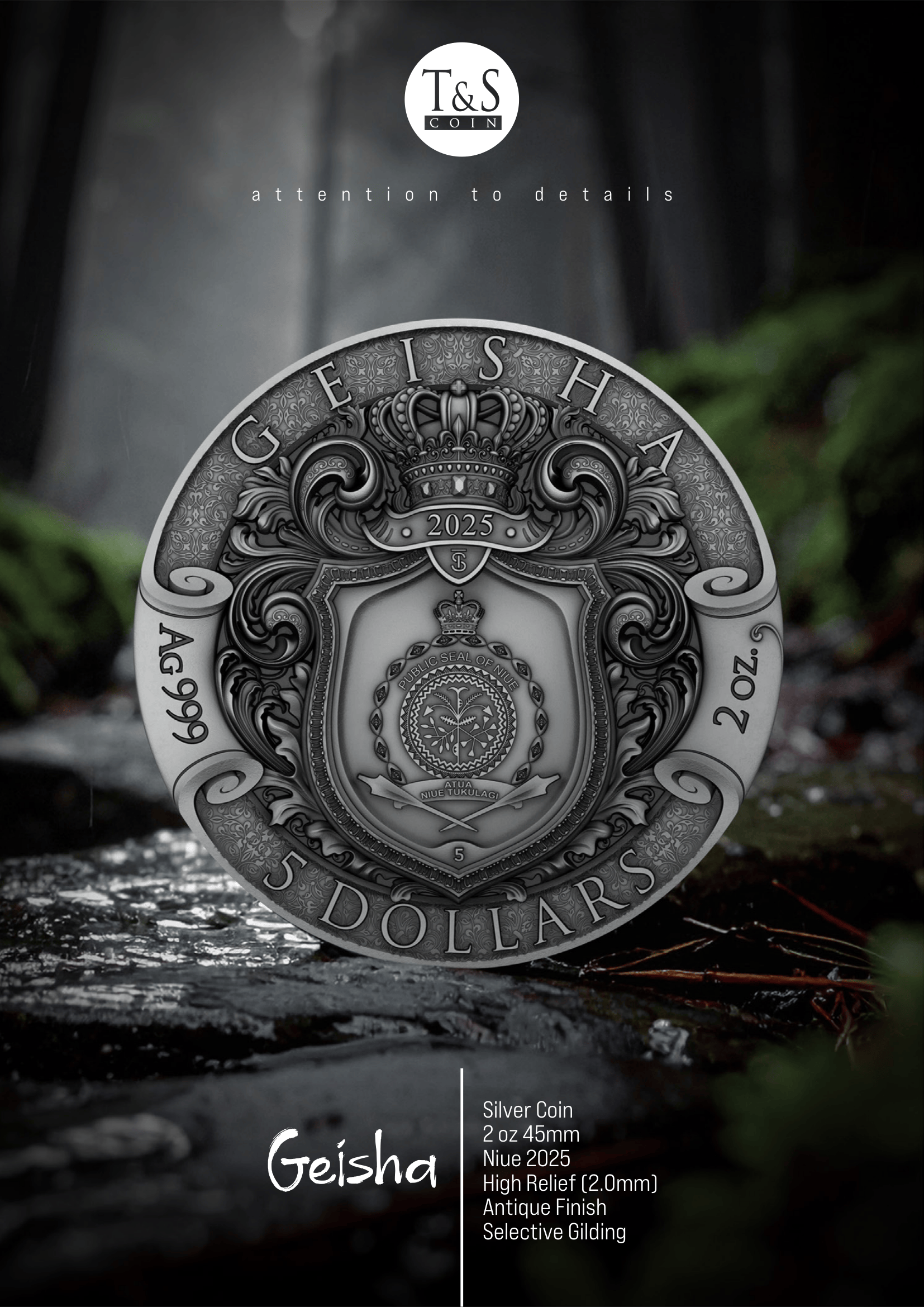 Silver coin with detailed design on a natural background, featuring the brand 'T&S'.