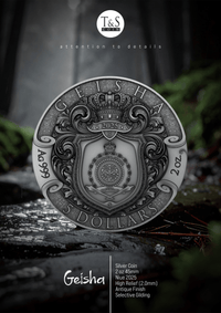 Silver coin with detailed design on a natural background, featuring the brand 'T&S'.