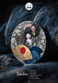 Geisha-themed silver coin with intricate design on a dark fabric background