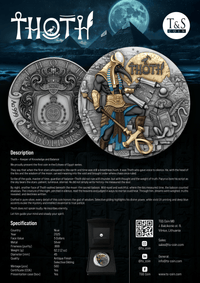 Silver and gold coin with 'Thoth' design on a dark background with moon and mountain.