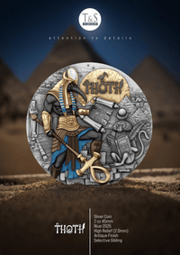 Silver coin featuring an Egyptian-themed design with 'THOTH' branding against a pyramid background.