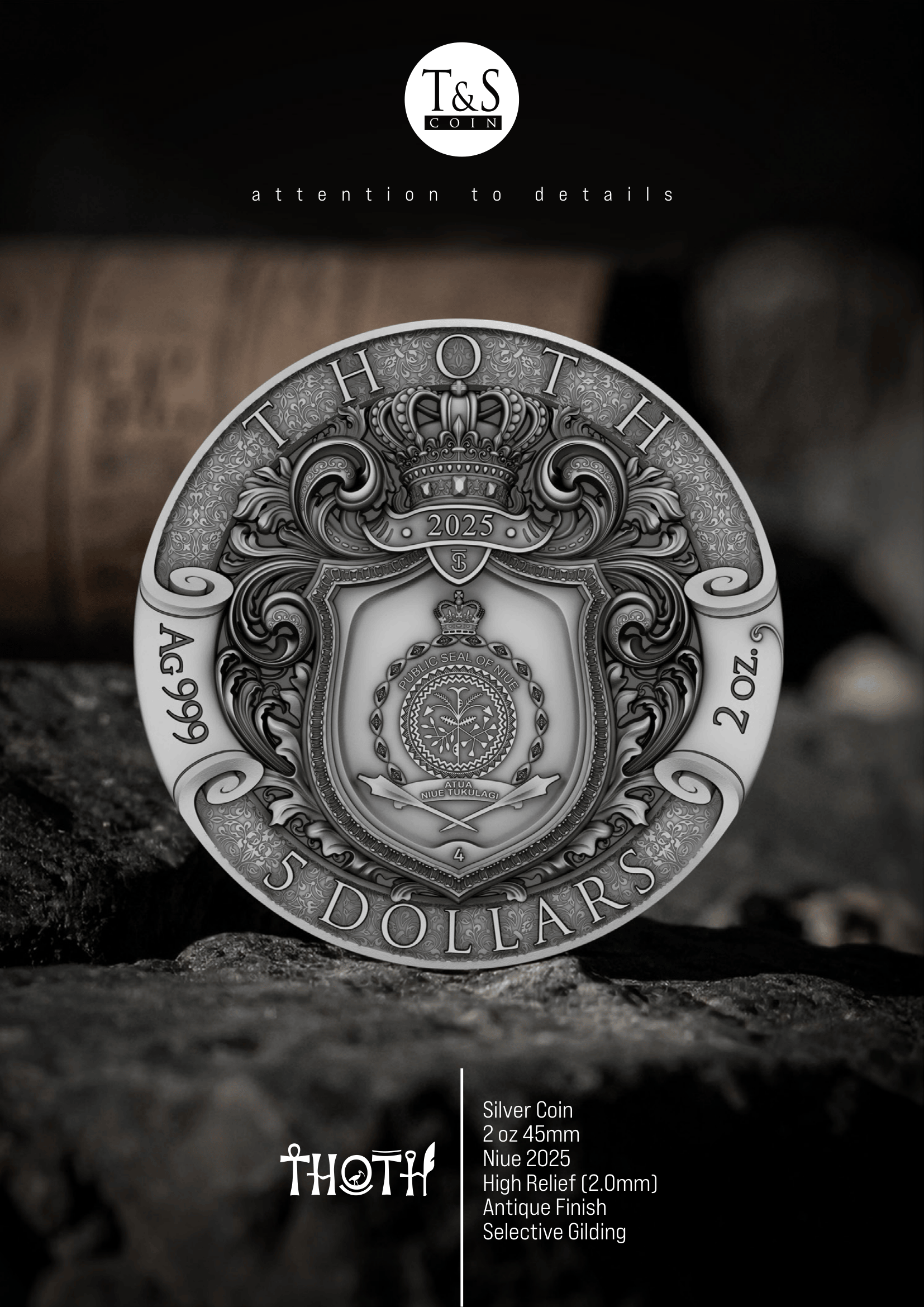 Silver coin with detailed design on a dark background, featuring T&S Coins branding.