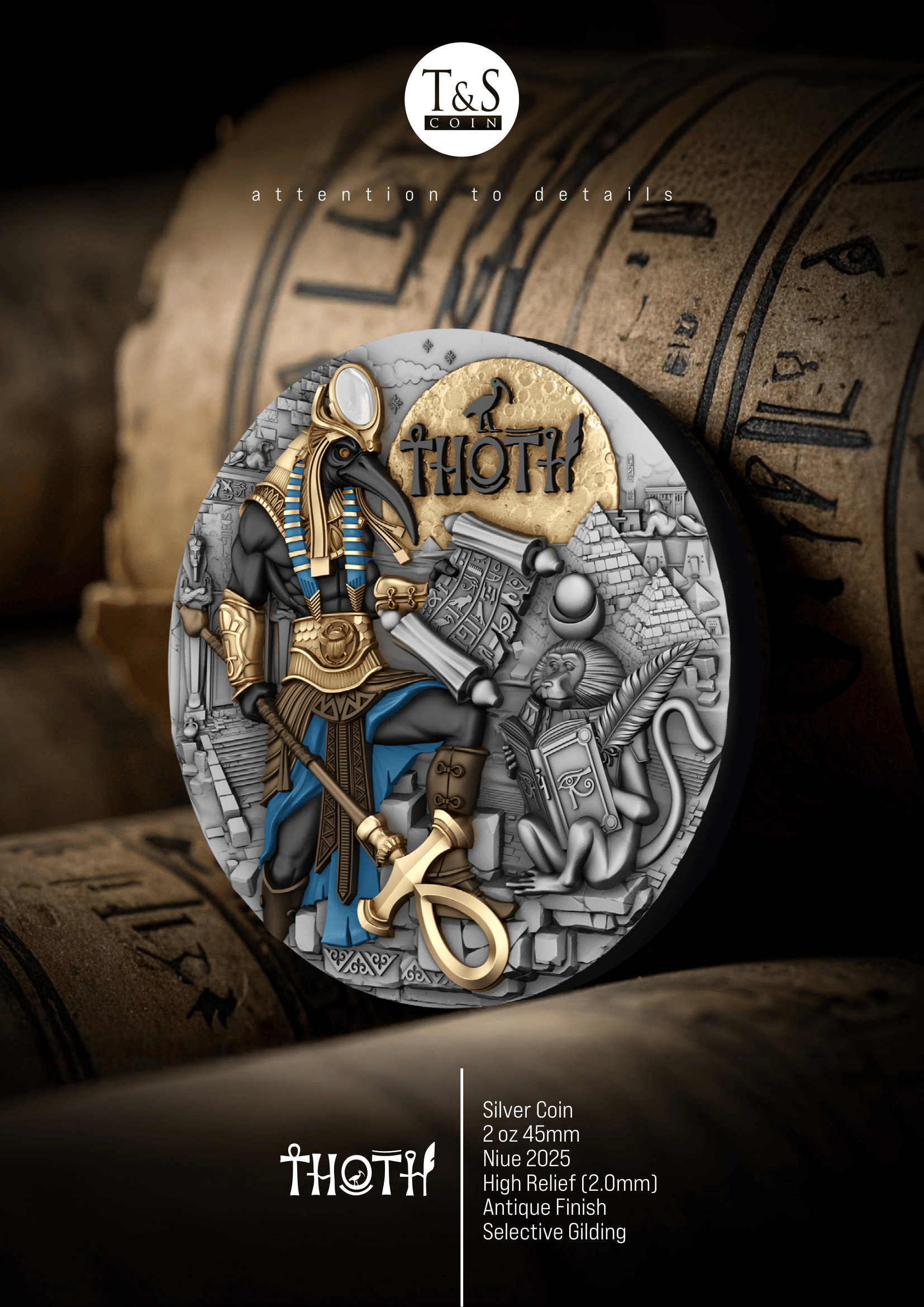Decorative coin with Egyptian-themed design on a dark background