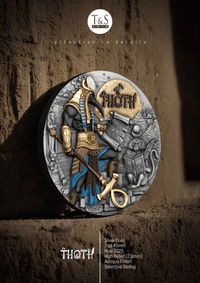 Decorative coin featuring an Egyptian-themed design with 'THOTH' text on a textured surface.
