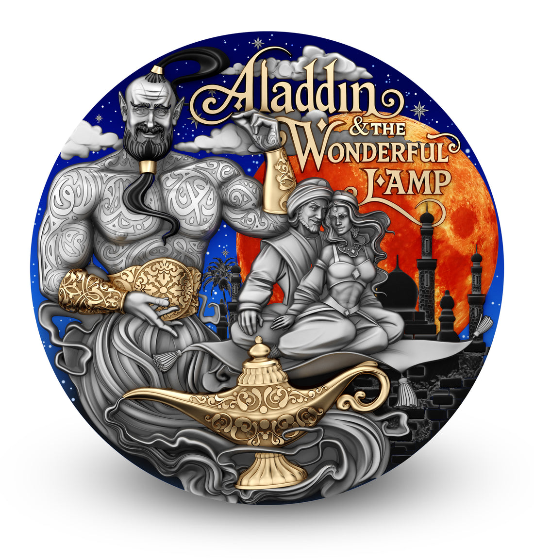 Circular artwork featuring Aladdin and the Genie with a gold lamp against a night sky.