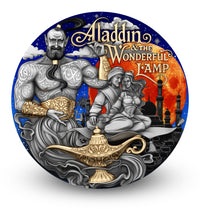 Circular artwork featuring Aladdin and the Genie with a gold lamp against a night sky.