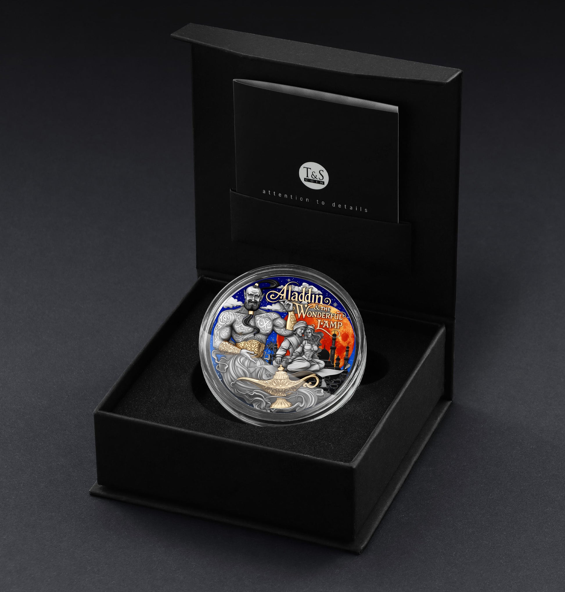 Colorized coin featuring a character from 'Aladdin' in a black display box on a dark background