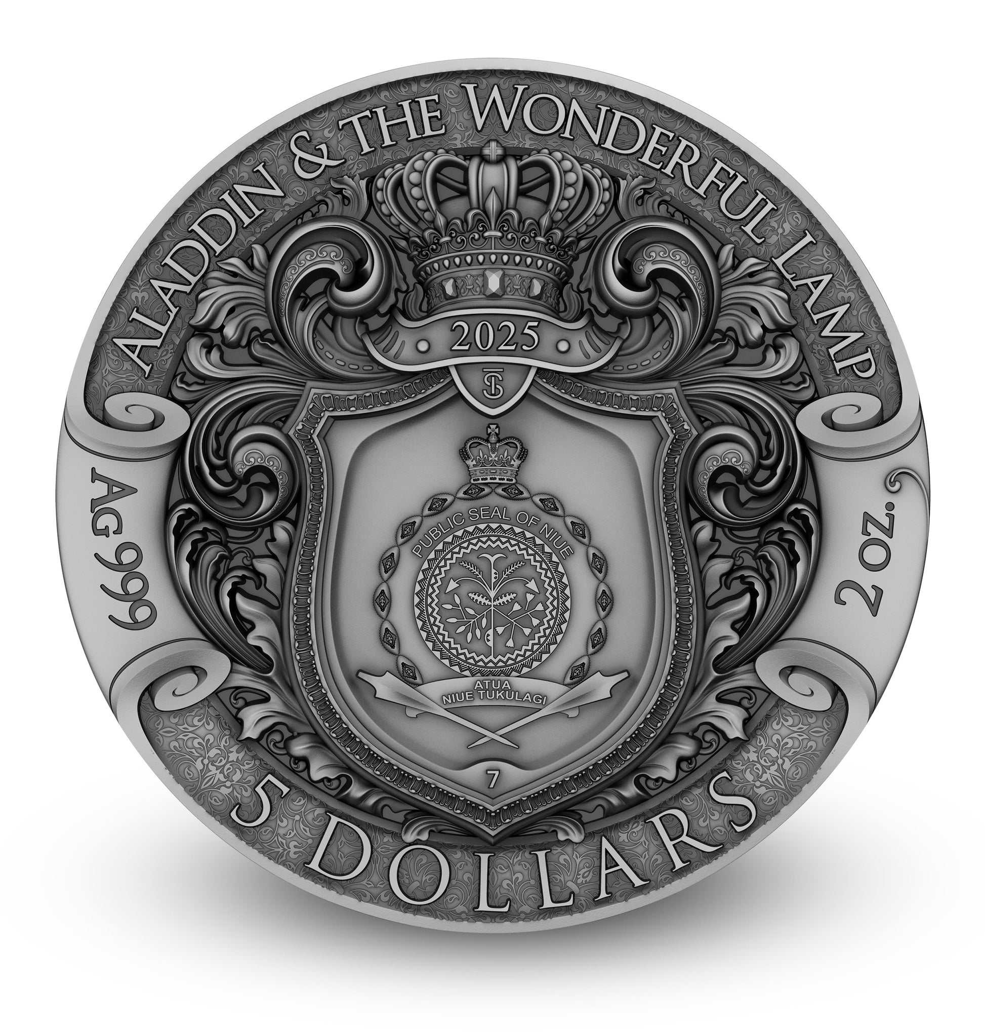Silver coin featuring intricate designs and text, likely related to 'Aladdin & The Wonderful Lamp'.