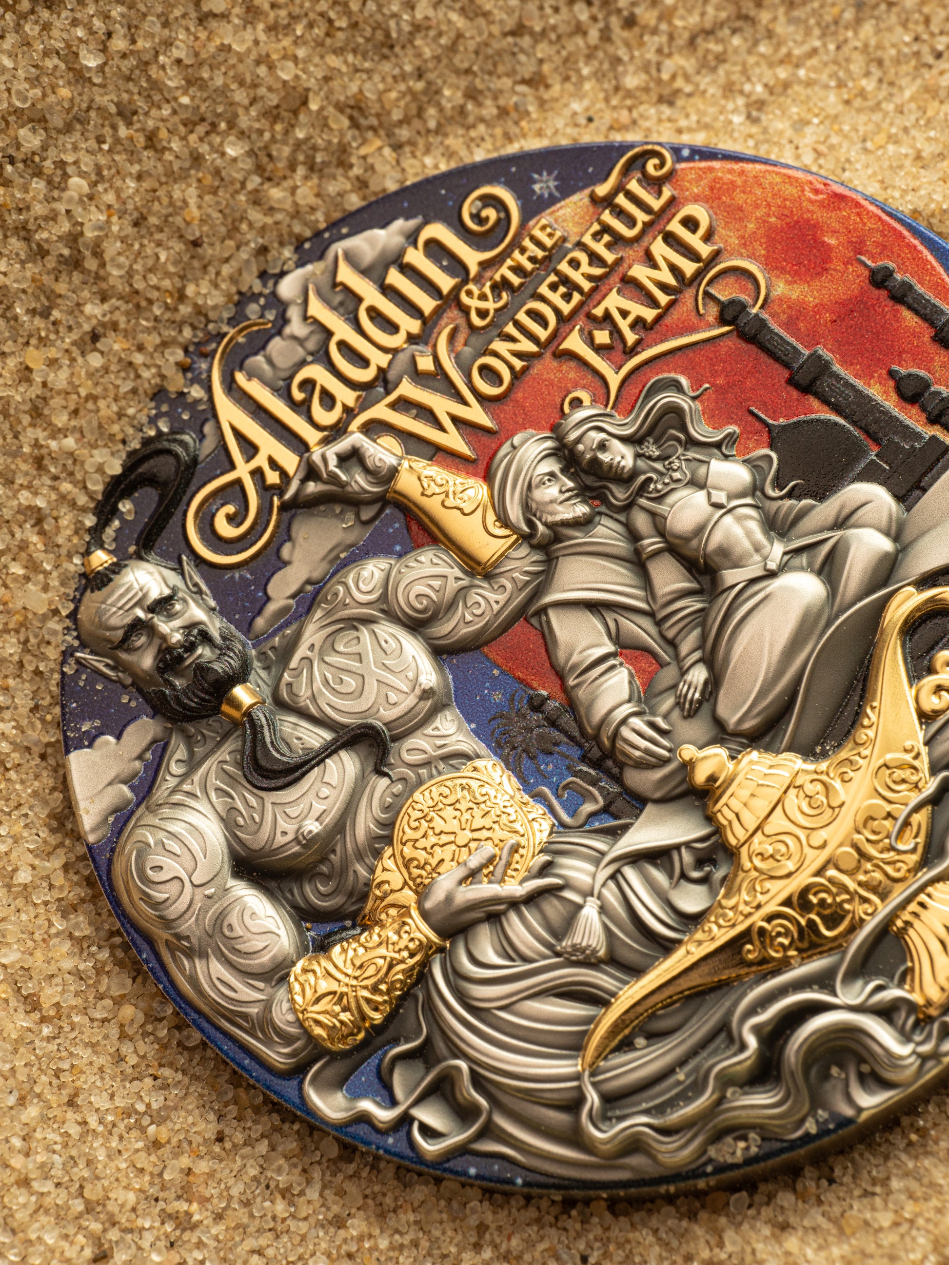 Decorative emblem with 'Aladdin and the Wonderful Lamp' text and characters on a textured background
