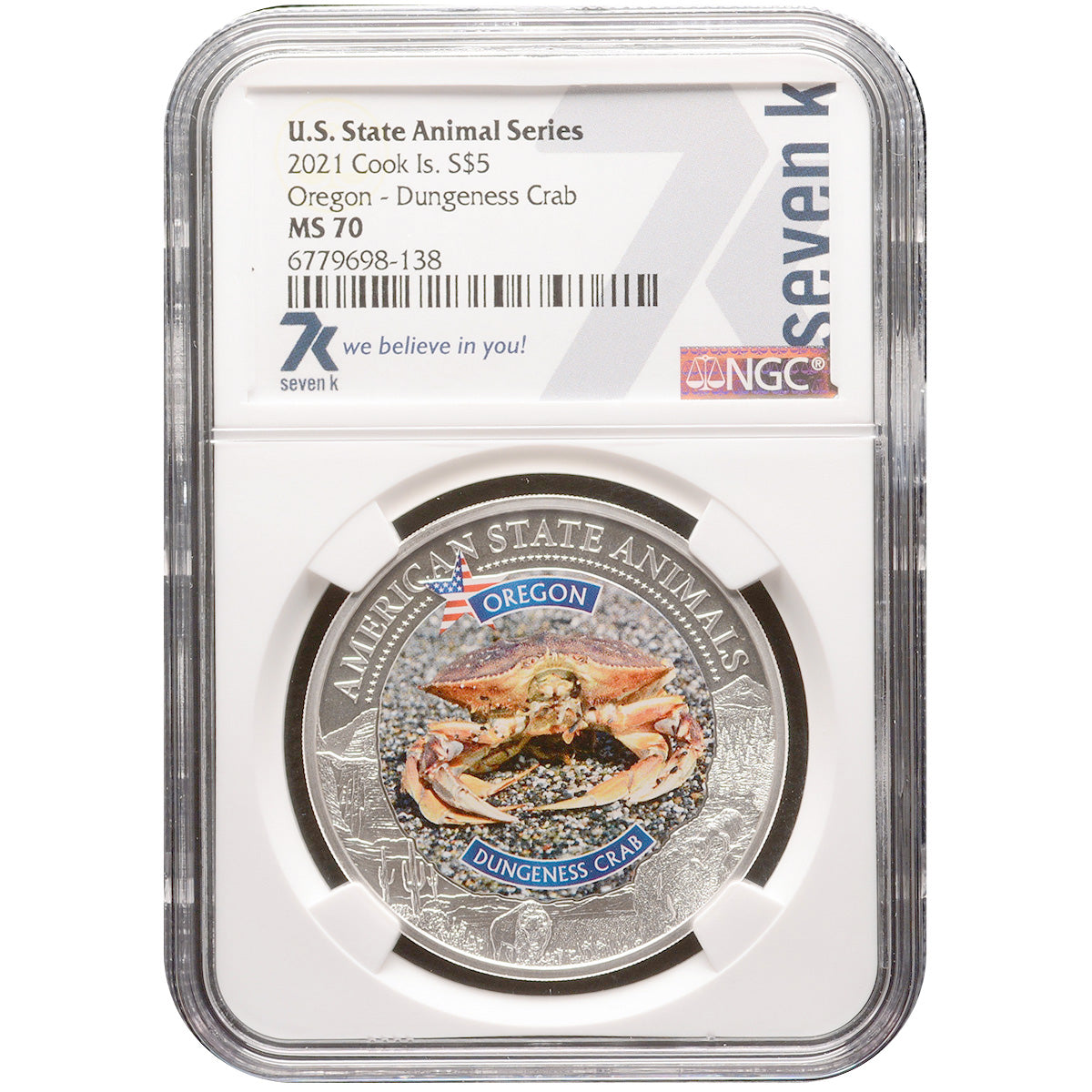 2021 Cook Islands OREGON DUNGENESS CRAB Graded MS70 American State Animals 1 Oz Silver Coin - OZB