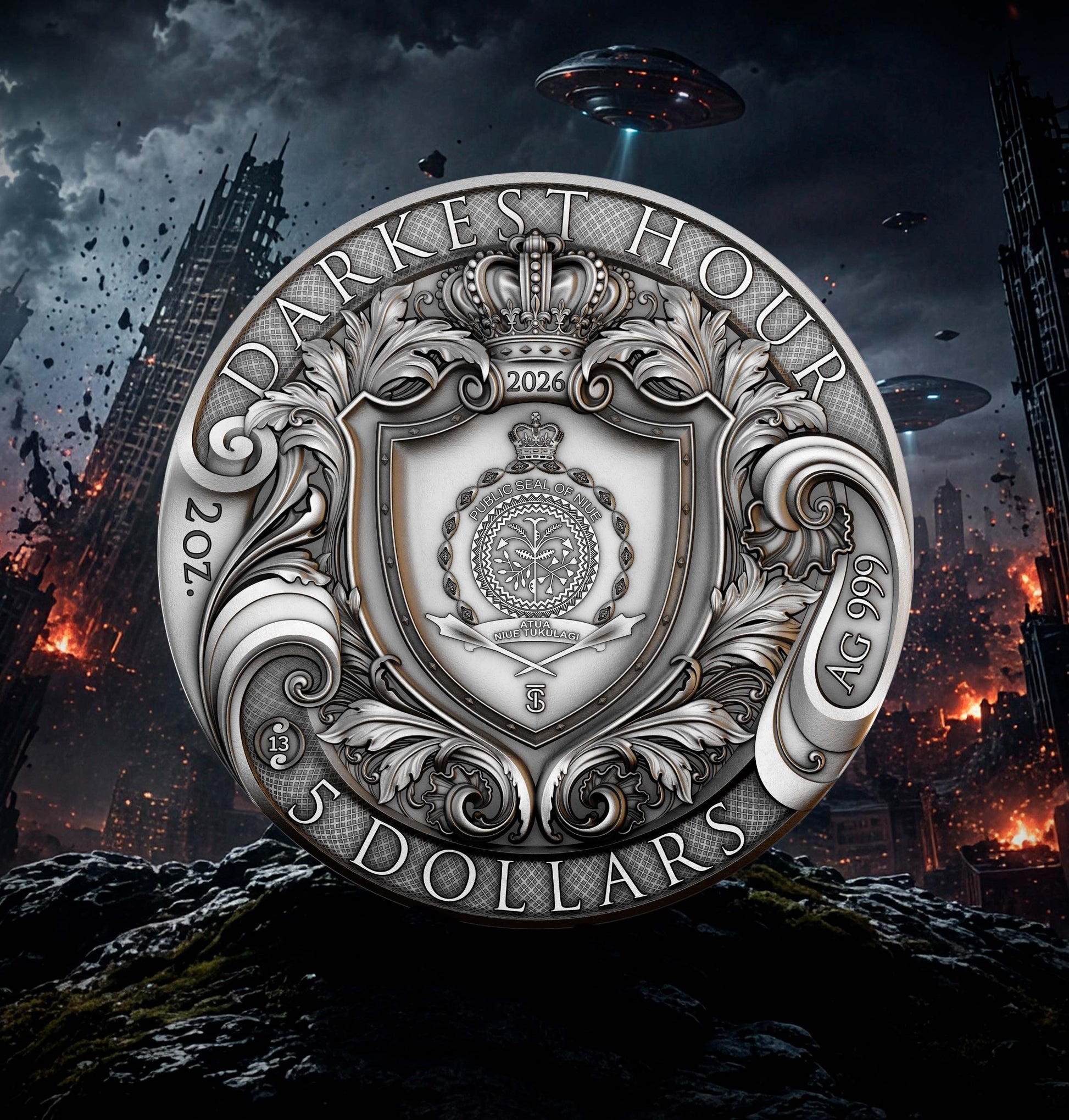 DARKEST HOUR 2 oz Silver Coin - $5 Niue Collectible - T&S Coin