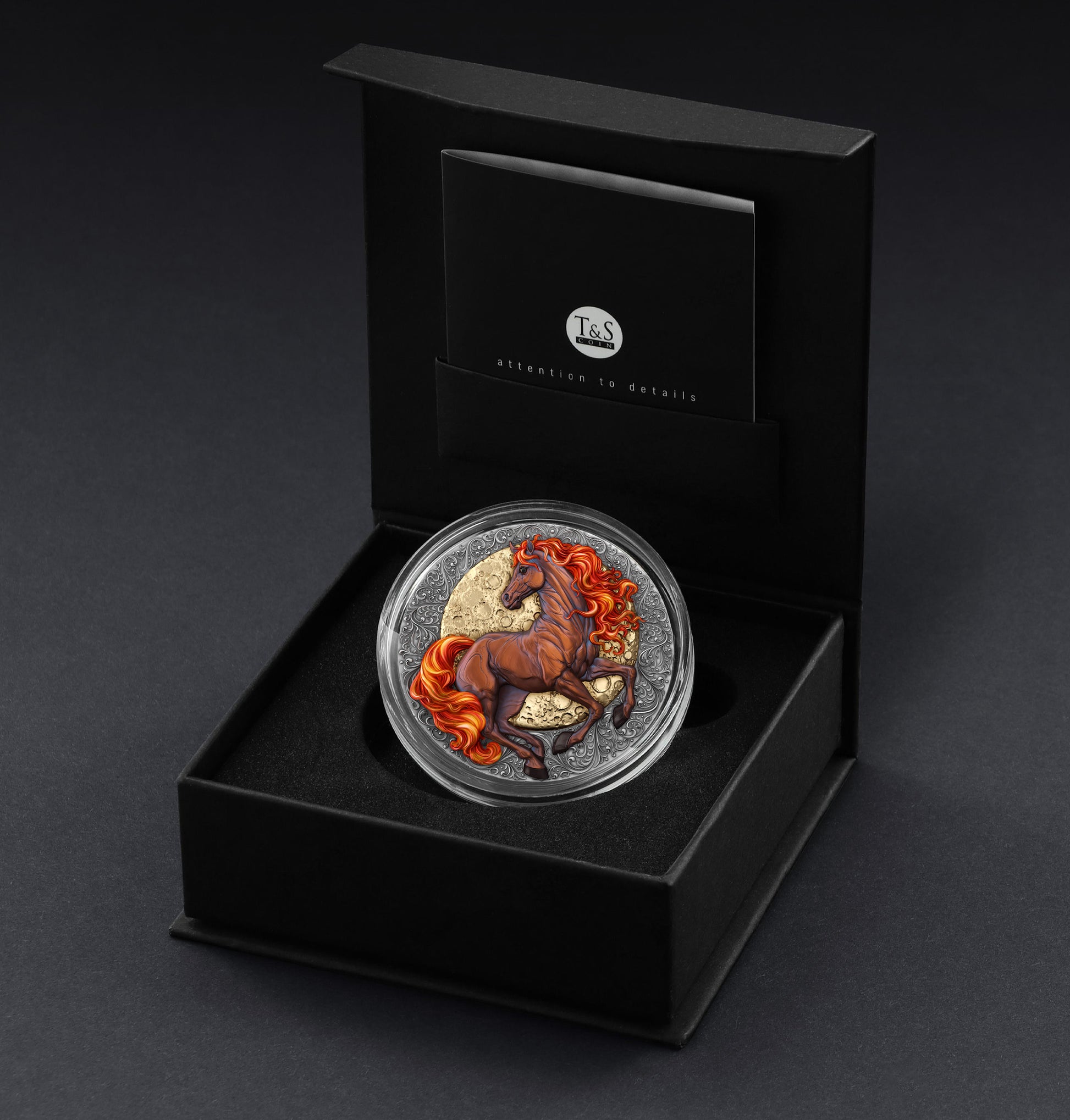 Silver coin with a horse design in a black box on a dark background