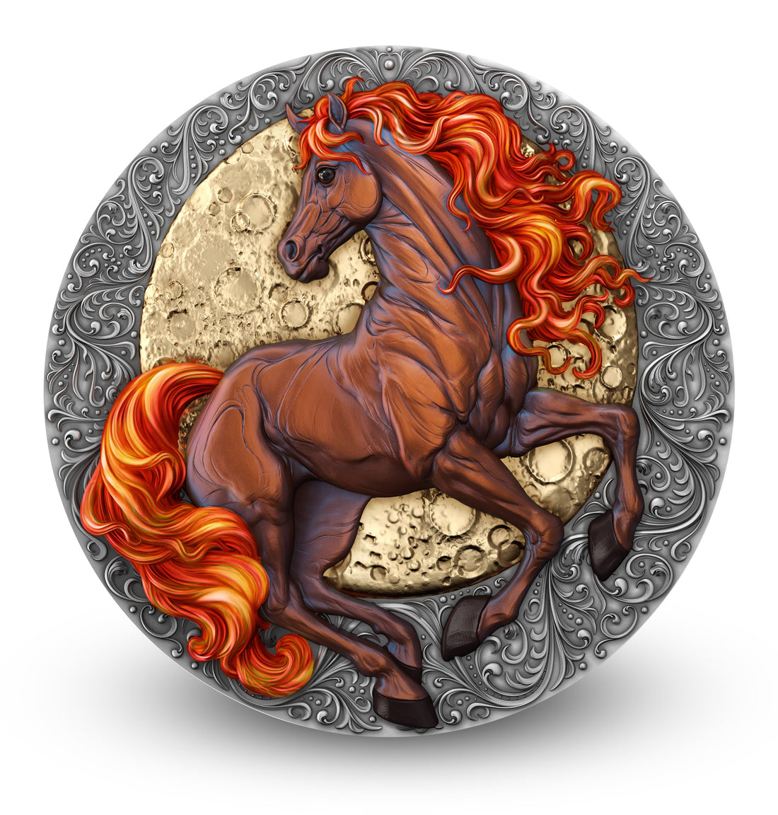 Decorative coin with a horse design on a white background