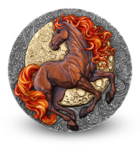 Decorative coin with a horse design on a white background