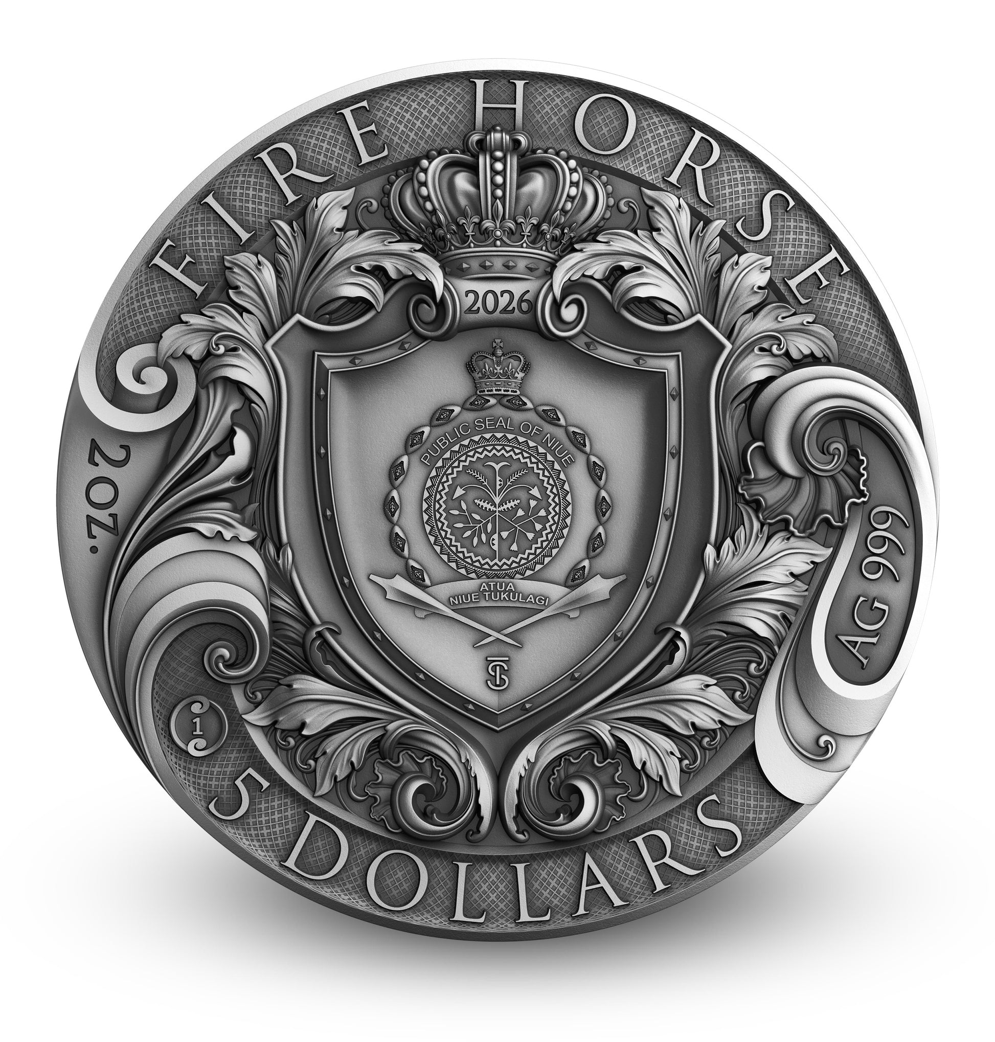 Silver coin with intricate designs and text on a white background