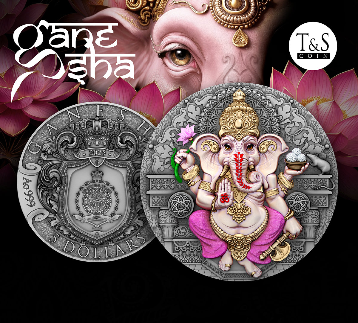 Two coins featuring an illustration of Ganesha with decorative elements and 'T&S Coin' branding.