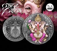Two coins featuring an illustration of Ganesha with decorative elements and 'T&S Coin' branding.