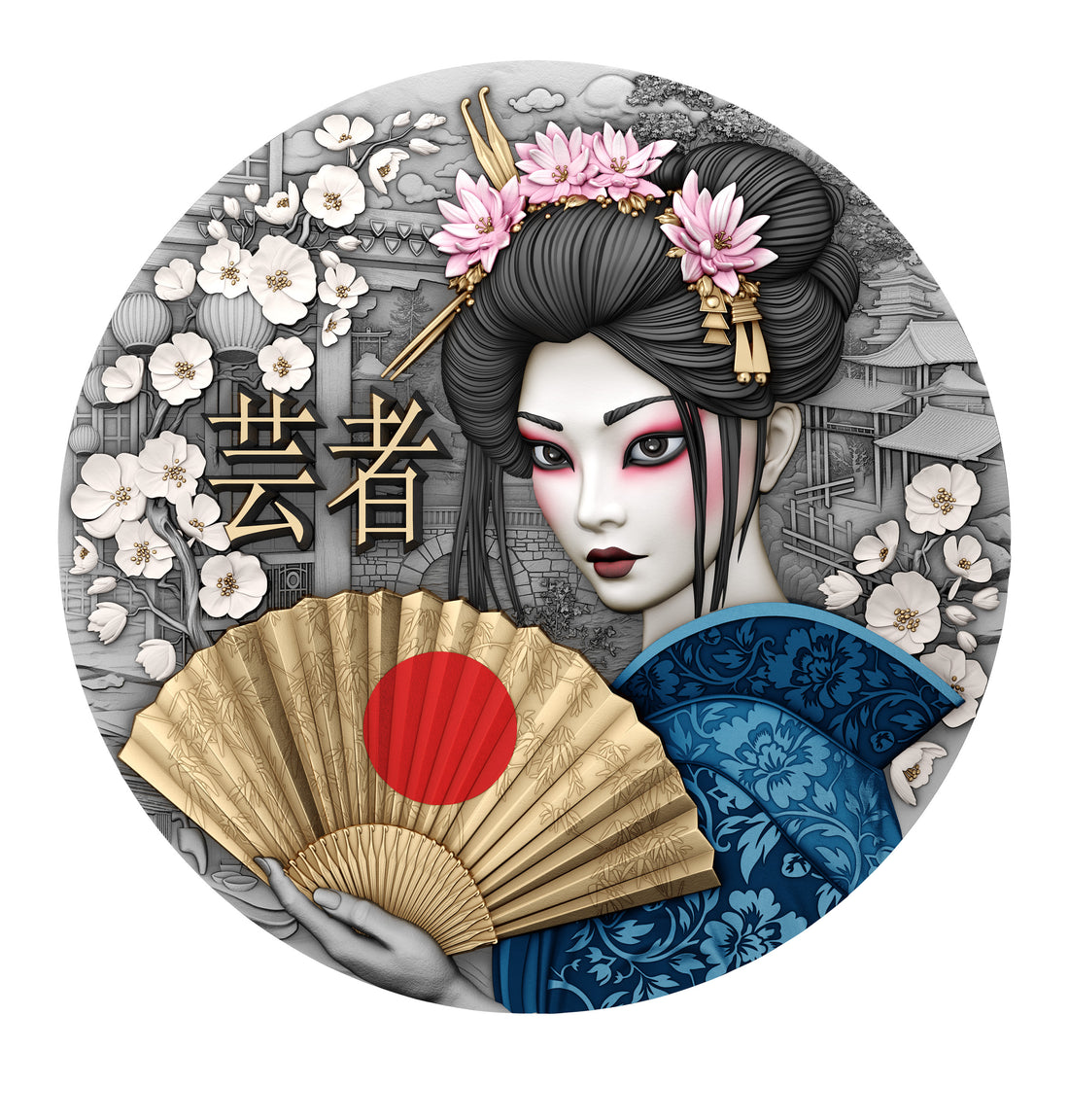 Circular artwork of a geisha with floral elements and traditional Japanese design.
