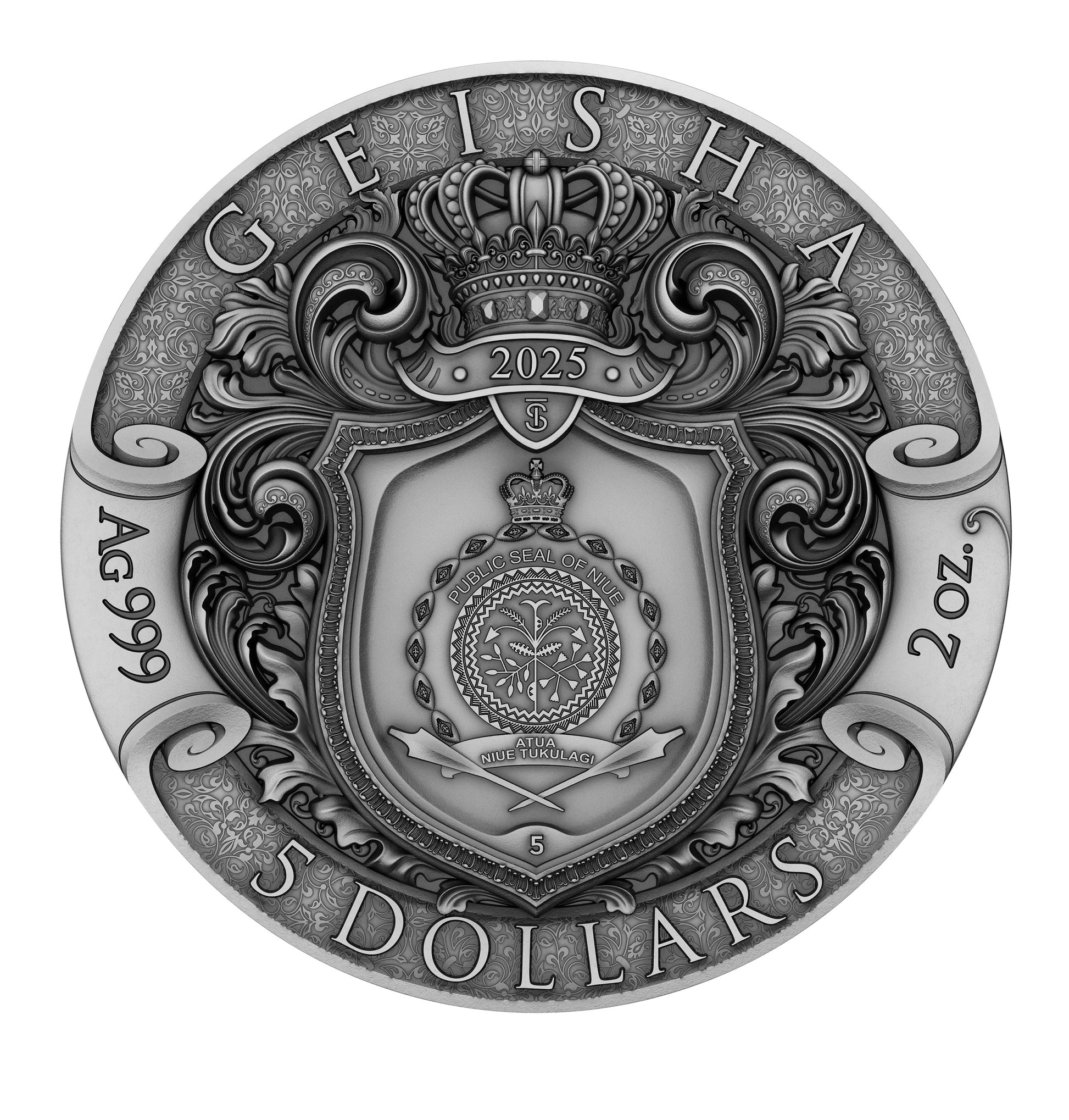 Silver coin with intricate designs and text on a white background