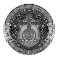 Silver coin with intricate designs and text on a white background