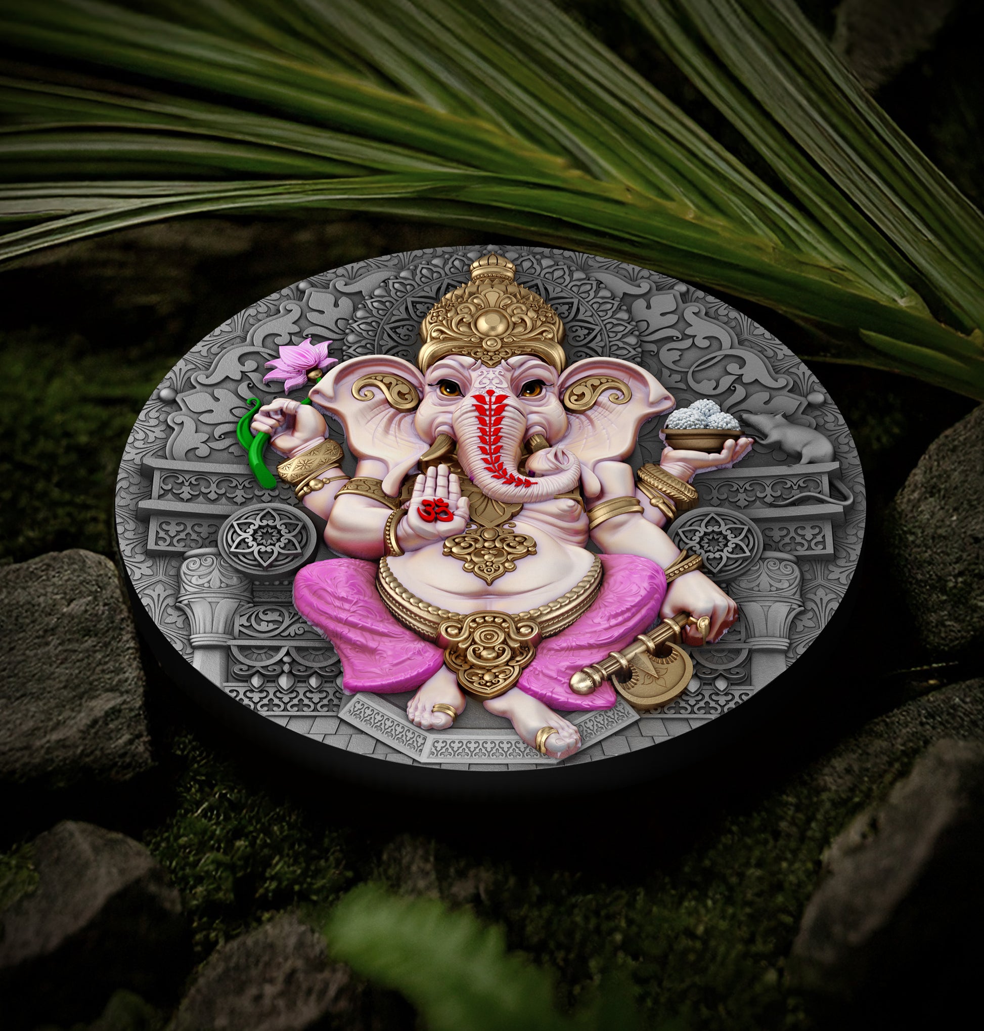 Decorative coin with an illustration of a deity on a natural background