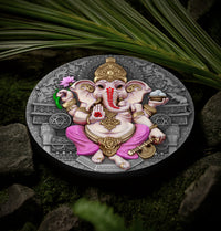 Decorative coin with an illustration of a deity on a natural background