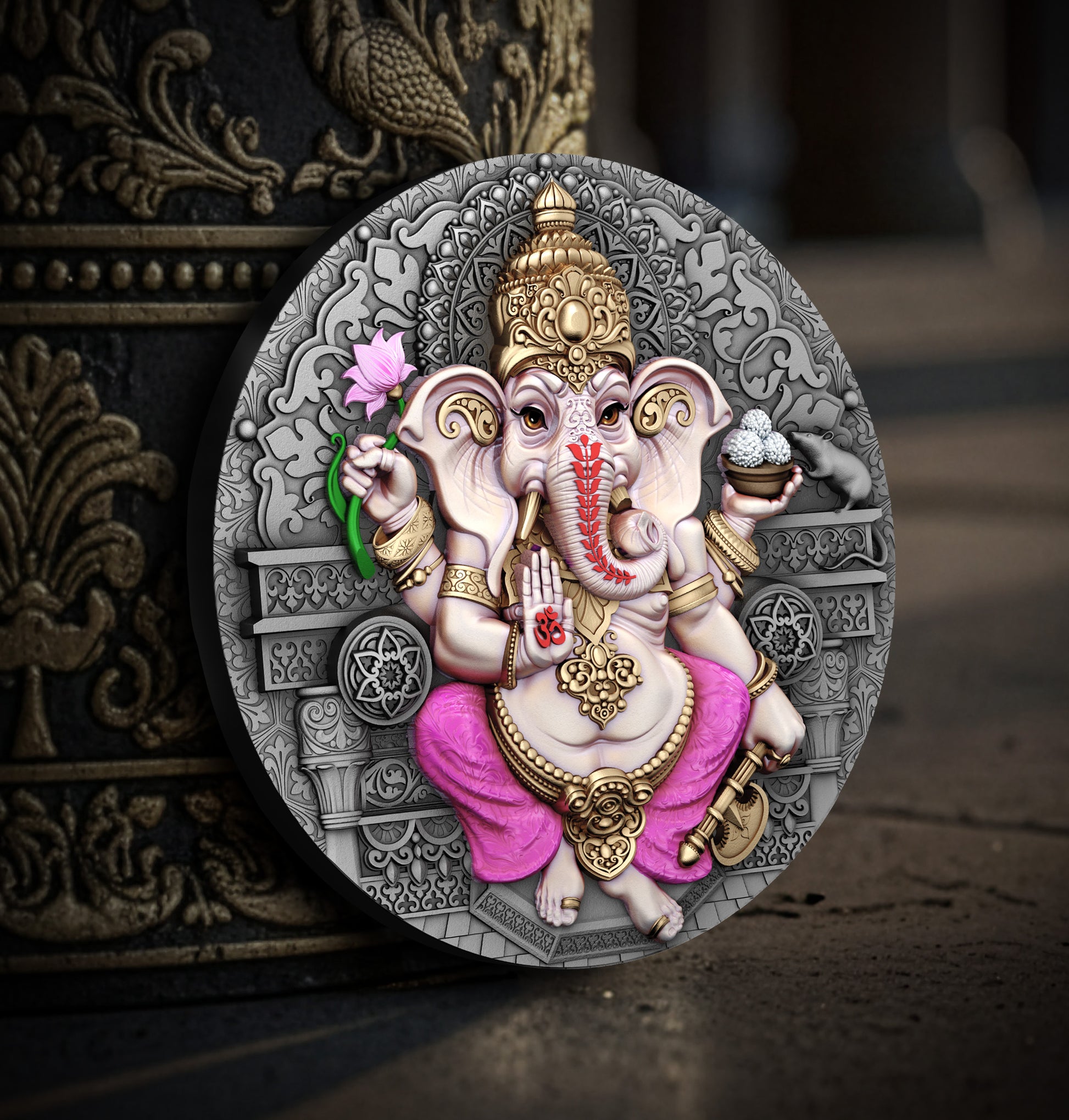 Decorative coin with an intricate design of a deity on a textured background