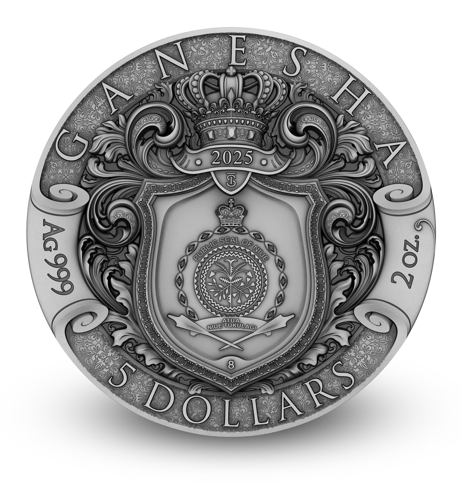 Silver coin with intricate designs and text on a white background