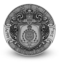 Silver coin with intricate designs and text on a white background