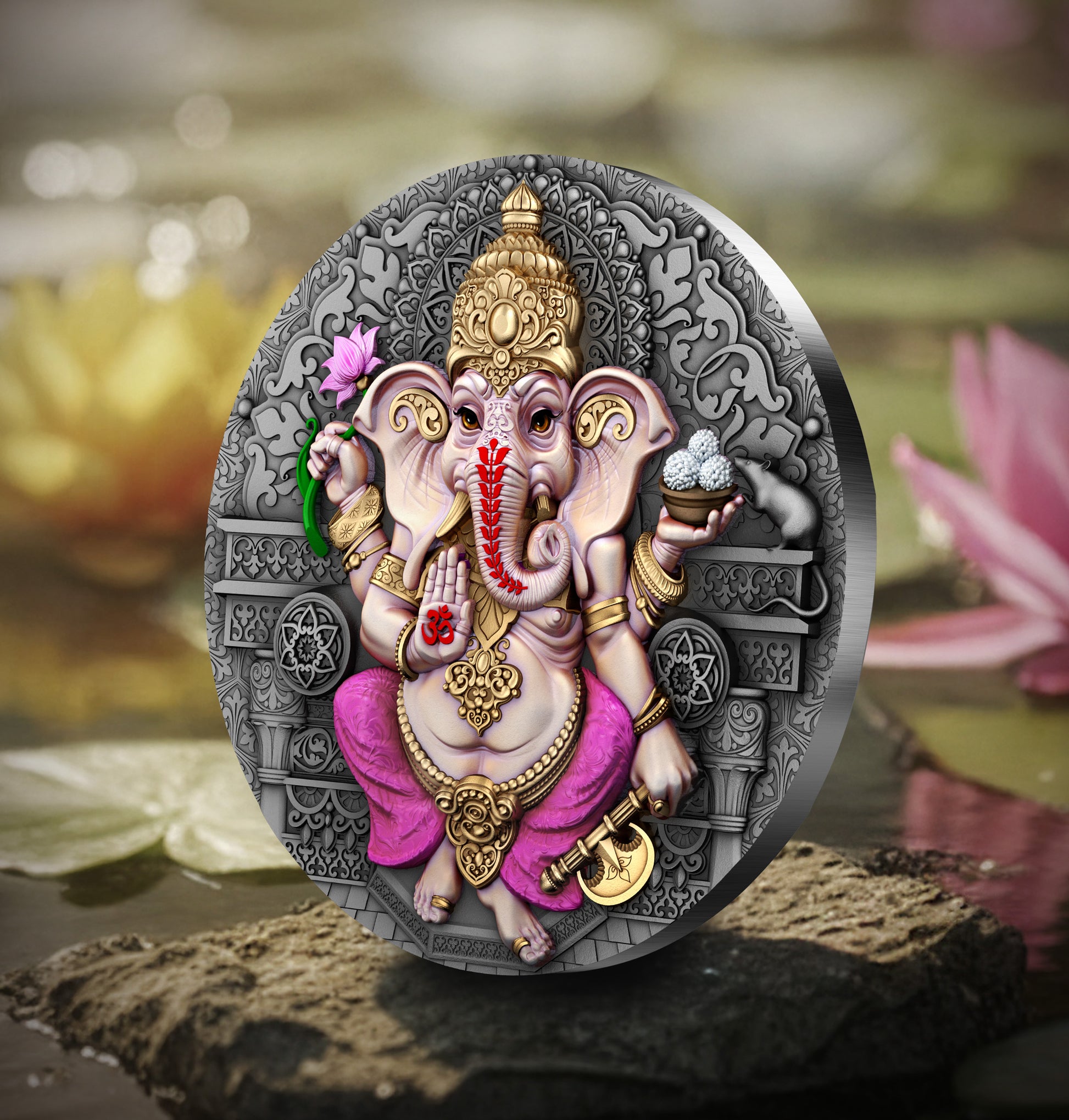 Decorative plaque with an elephant god figure on a blurred natural background