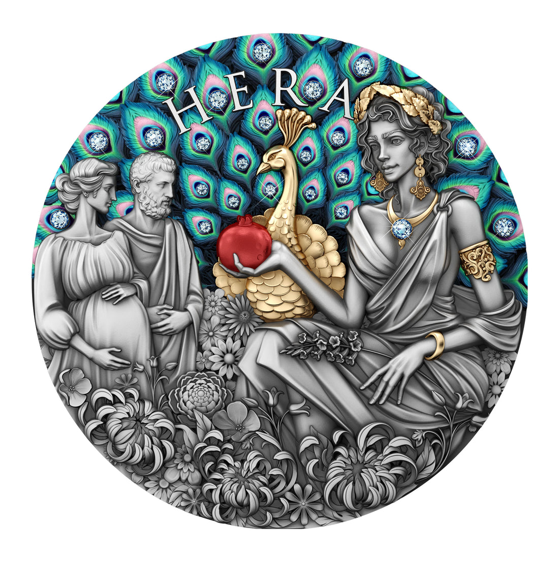 Circular artwork featuring a classical-style figure, peacock, and flowers with 'Hera' text on a peacock feather pattern.