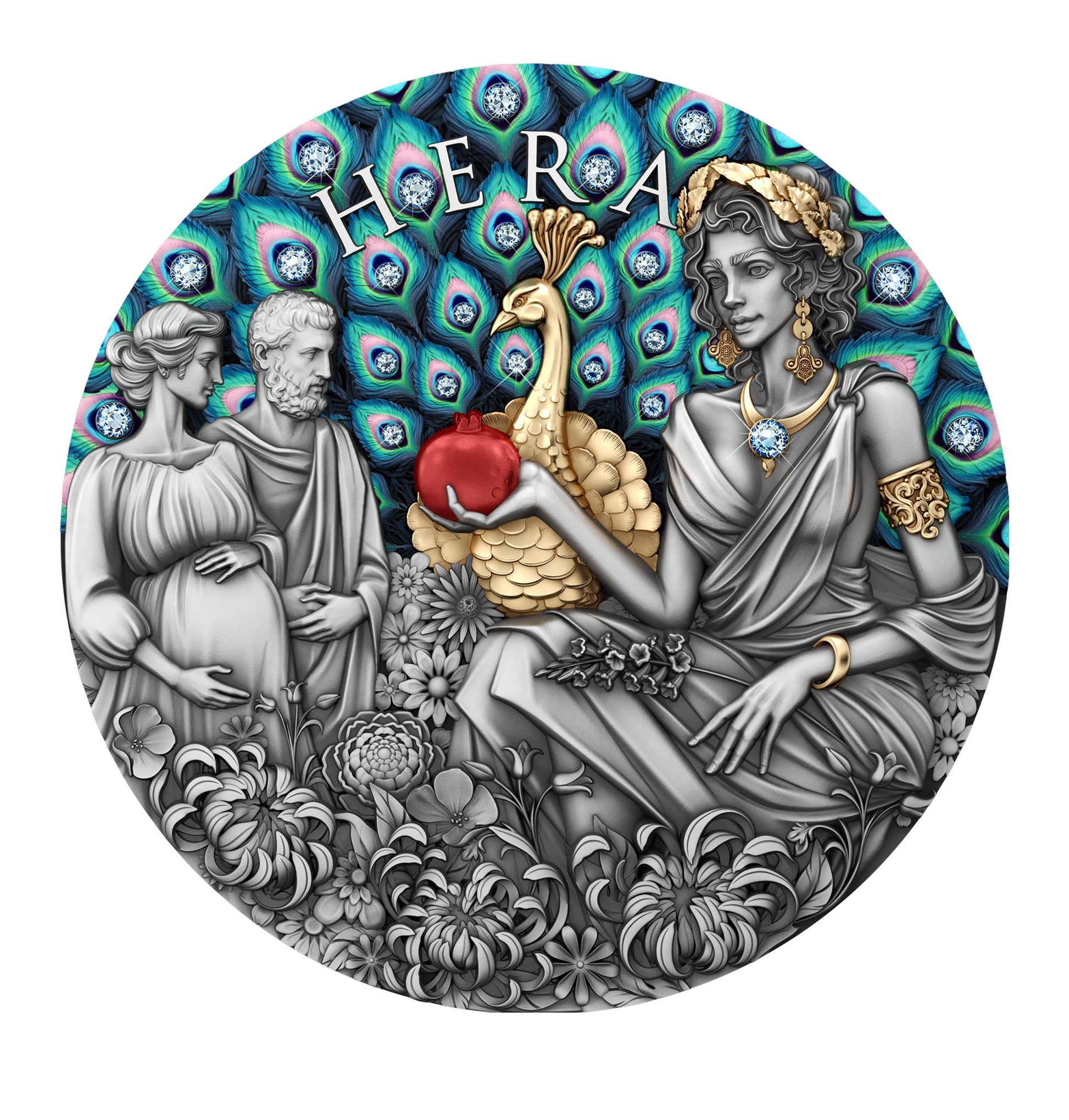 Circular artwork featuring a classical-style figure, peacock, and flowers with 'Hera' text on a peacock feather pattern.