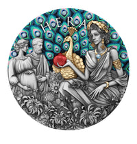 Circular artwork featuring a classical-style figure, peacock, and flowers with 'Hera' text on a peacock feather pattern.