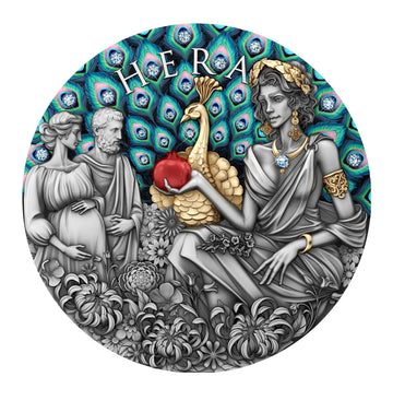 Circular artwork featuring a classical-style figure, peacock, and flowers with 'Hera' text on a peacock feather pattern.