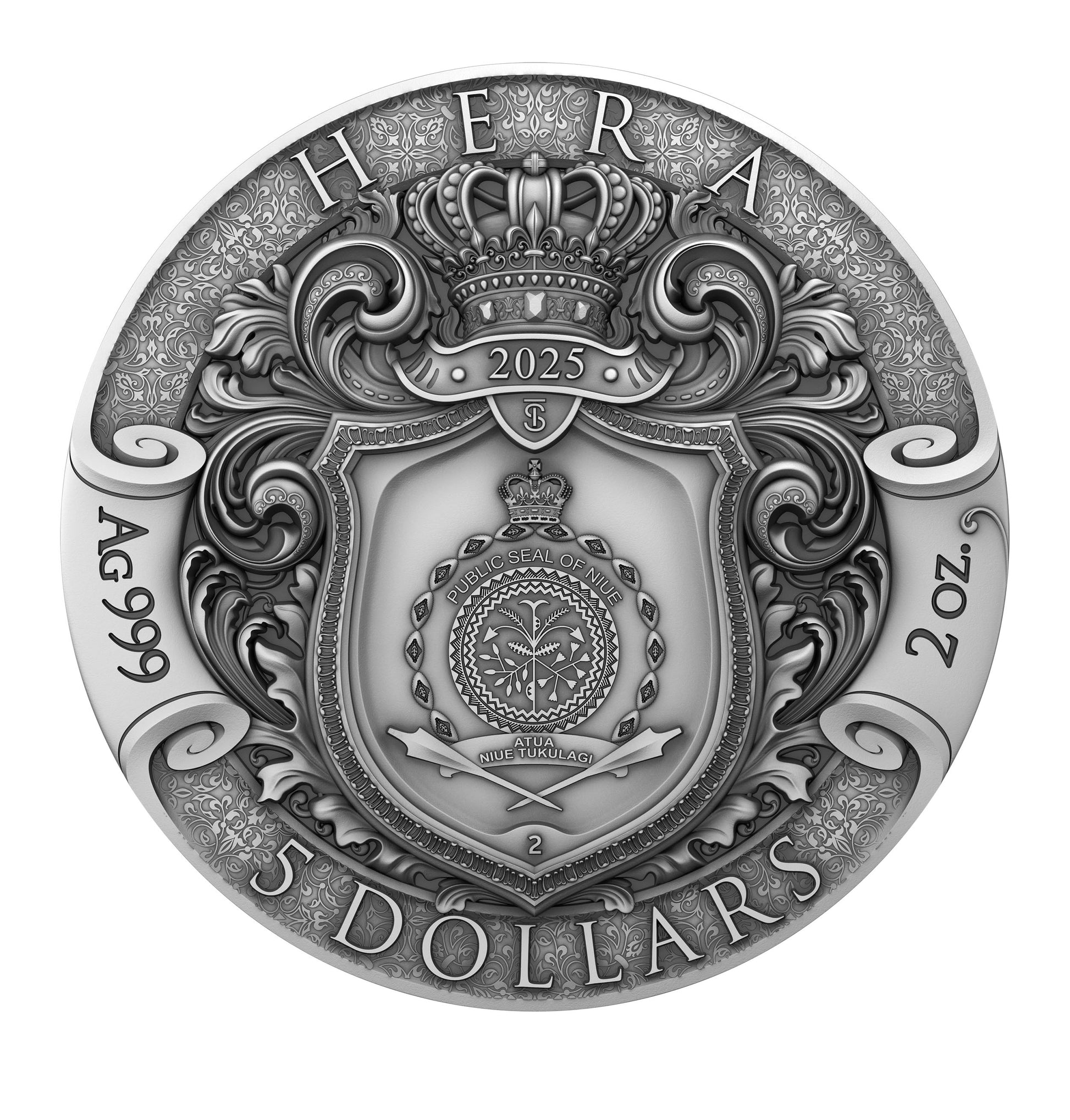 Silver coin with intricate design and 'Hera' branding on a white background