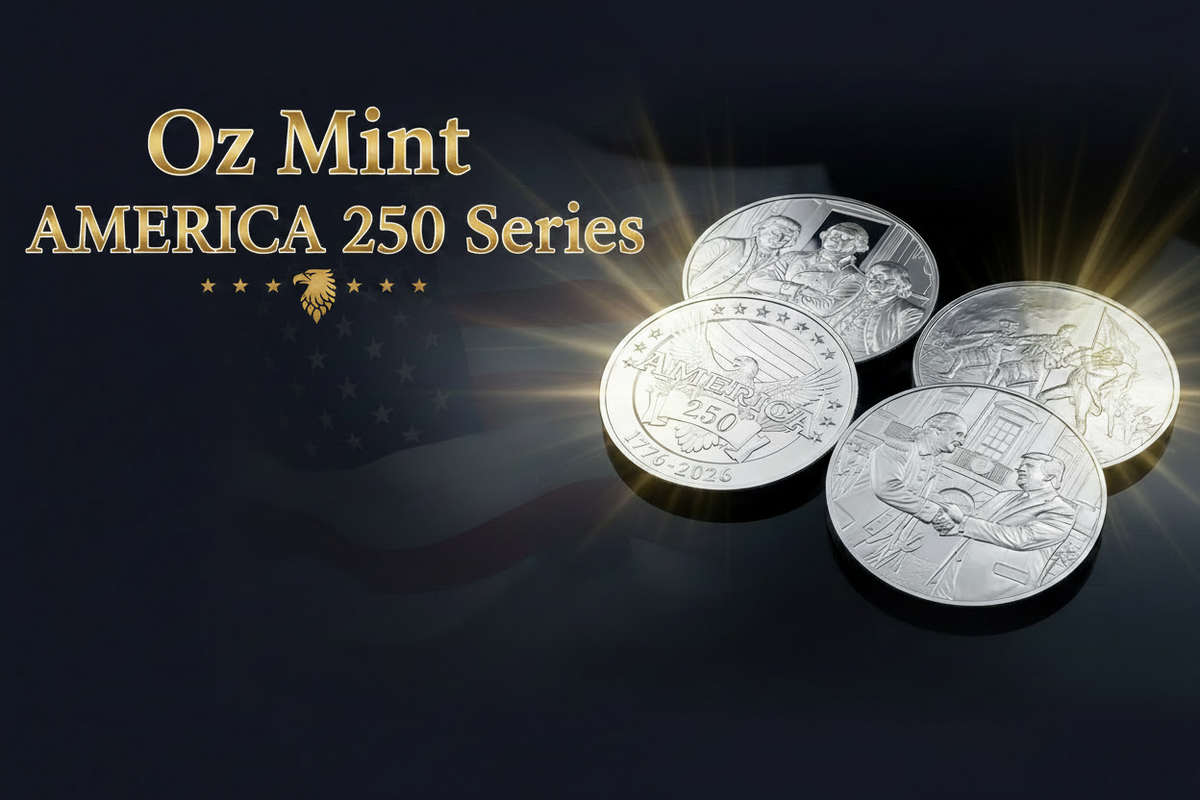 Four silver commemorative coins from Oz Mint's America 250 Series displayed on a dark reflective surface with gold text on the left.