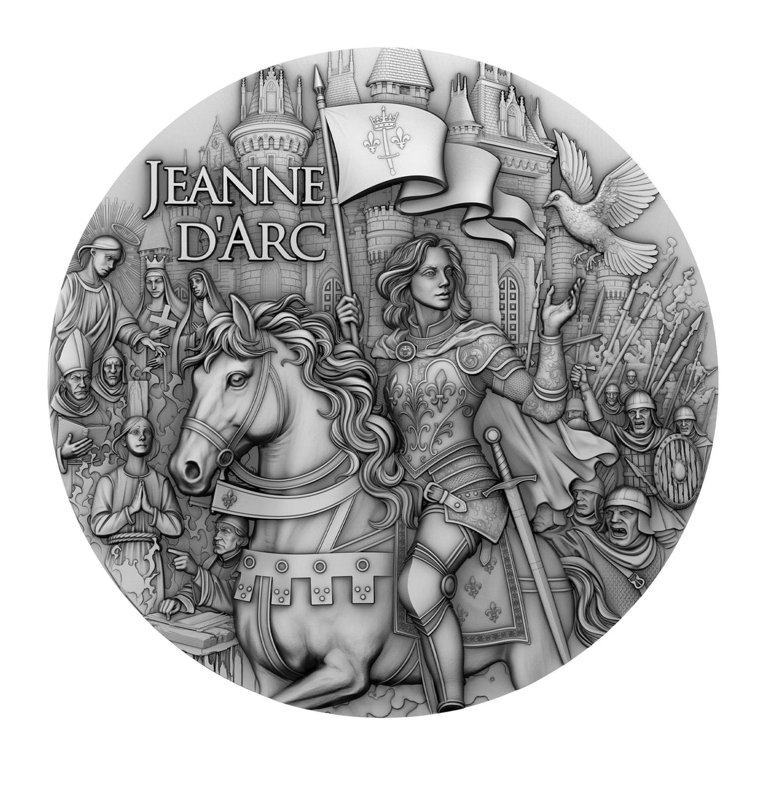 Circular coin featuring an illustration of Joan of Arc with a horse, surrounded by soldiers and a castle.